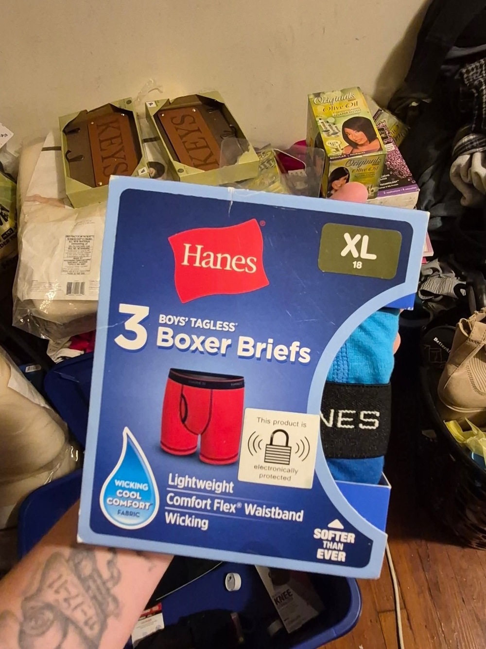 Hanes 3-Pack Boys' Tagless Boxer Briefs - Blue & Black (XL)